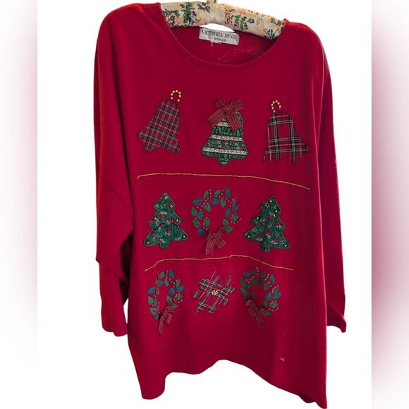 Victoria‎ Jones Woman Christmas Top Vintage Red Embroidery Beads Plaid - Picture 9 of 10